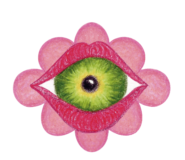 logo-rosa-flor-boca-ojo ojo verde dentro de labios rosas rodeados de pétalos rosa claro