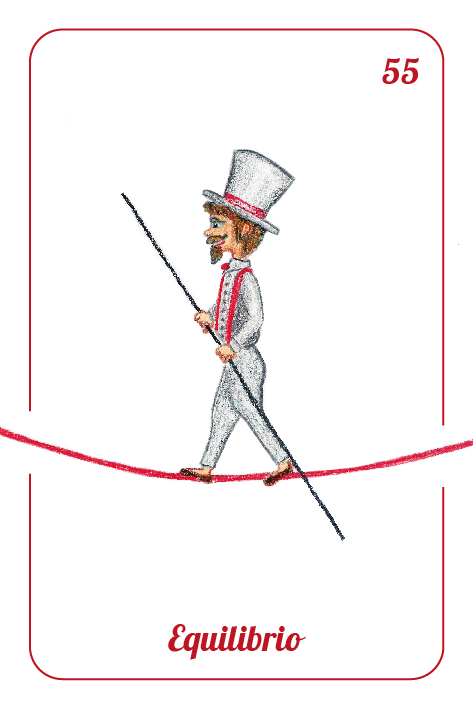 Funambulista con bigote y barba castaña, traje y chistera gris con tirantes rojos, sobre la cuerda floja de color rojo y con barra negra de equilibrio